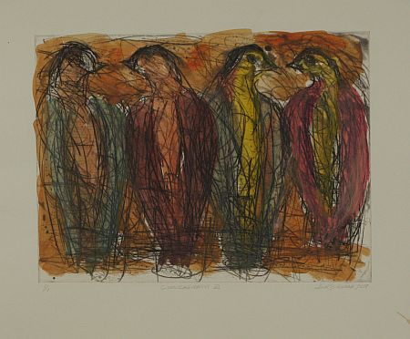 Click the image for a view of: David Koloane. Conversation III. 2009. Etching, drypoint. 432X518mm